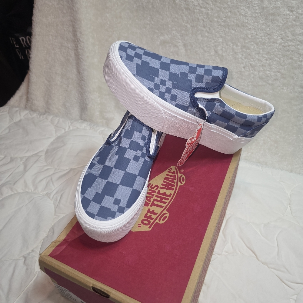 Vans Classic Slip-On Platform Blue Checkerboard Shoes Women 8 NWT